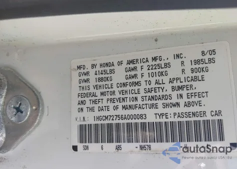 2006 Honda Accord 2.4 Ex z USA, uszkodzony, nr VIN 1HGCM72756A000083